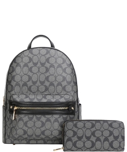 2 In 1 Oval Pattern Zipper Backpack with Wallet Set 008-8578-W BLACK